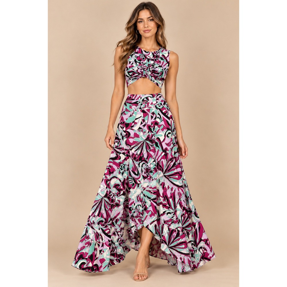 Pia Colors Womens 2 Piece Skirt Set S Purple Teal Geometric Floral Crop Maxi